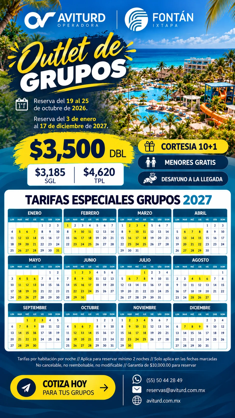 Tarifas Especiales Grupos 2027 · arte promocional completo de AVITURD